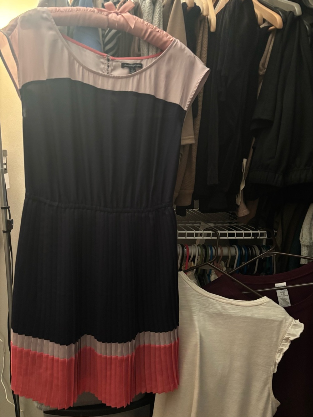 American Eagle Outfitters Navy, Lavender, Coral Pleated Colorblock Dress